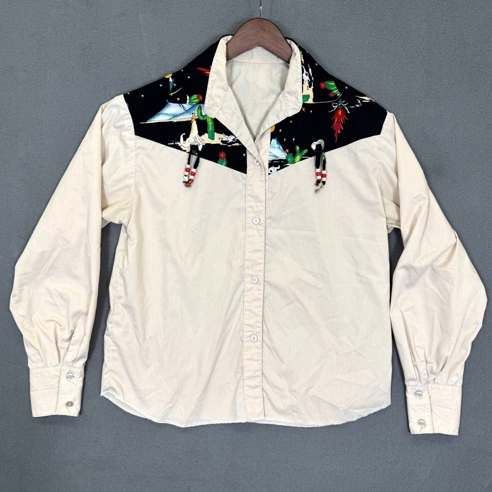 Vintage Western Shirt Women M Beige Desert Wolf Concho Tassel Cowgirl Boho Top